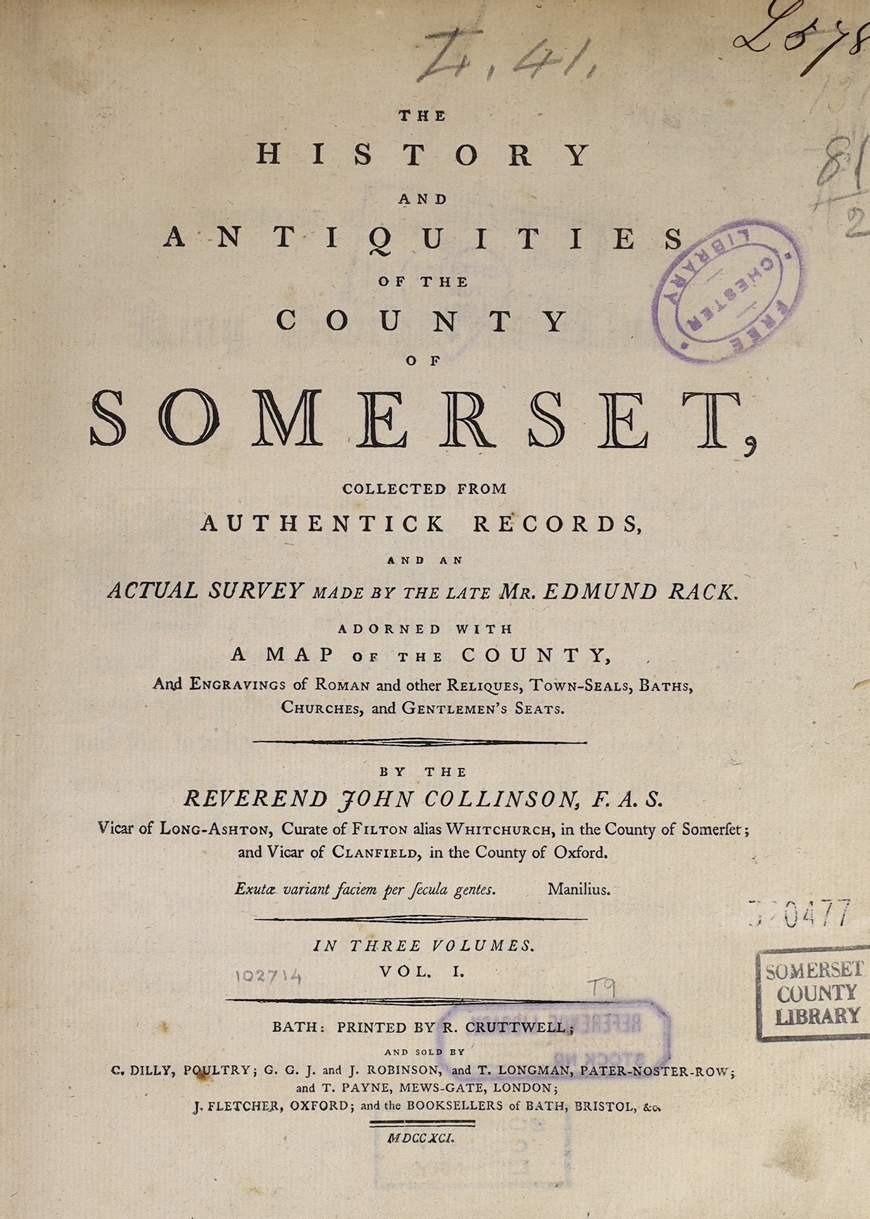 SOMERSET: Collinson, Rev. John - The History and Antiquities of the County of Somerset, collected from Authentick Records, and an Actual Survey made by the late Mr. Edmund Rack.... 3 vols. folded map, pictorial plan of B